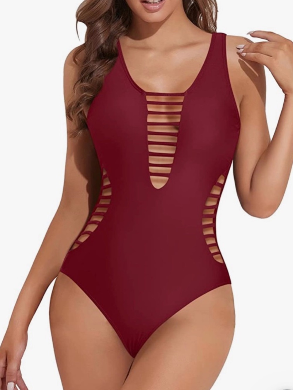 Strappy Cutout One-Piece Swimsuit - Burgundy